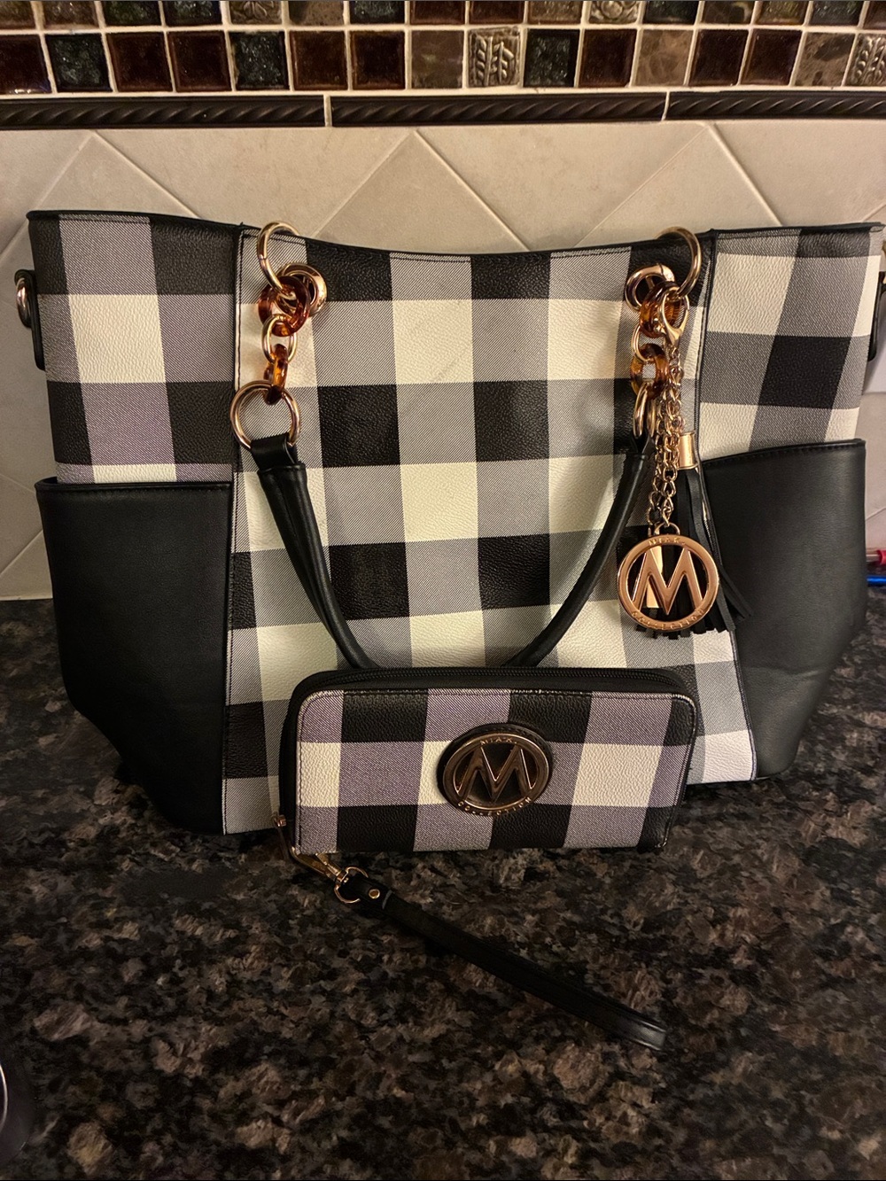 Black, White & Gray Plaid Tote bag with Matching Wallet